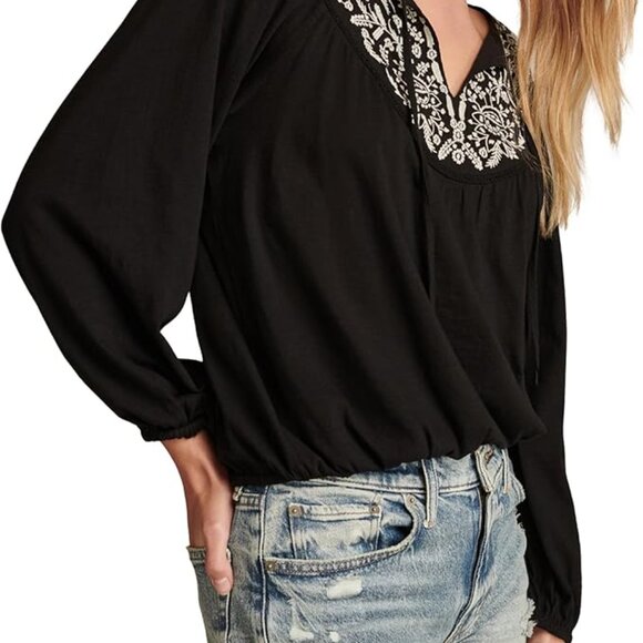 NWT Lucky Brand Women's Contrast Embroidered Peasant Top, Caviar SZ XXL - Picture 2 of 8